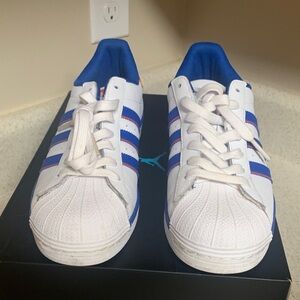 Adidas White and Royal Blue Striped Sneakers